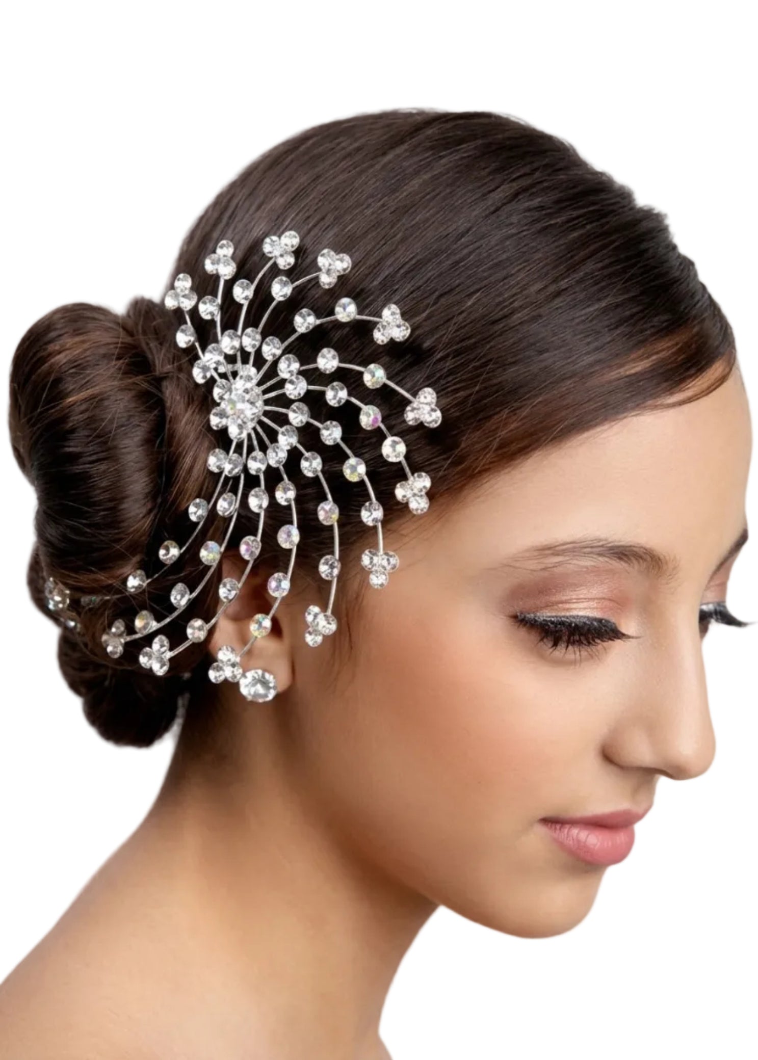 FH2 Swirl Rhinestone Comb in Crystal, lifestyle view showing rhinestone comb worn in an updo hairstyle