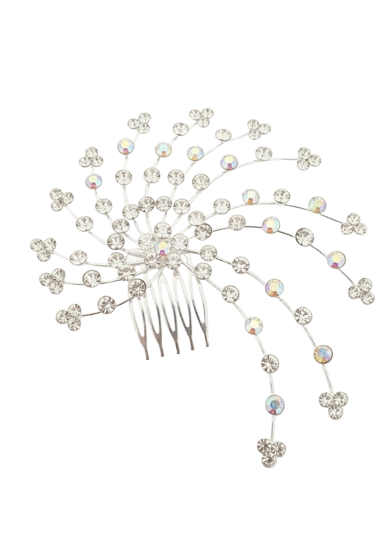 FH2 Swirl Rhinestone Comb in Crystal, front view showing swirl-shaped rhinestone hair comb on retail card
