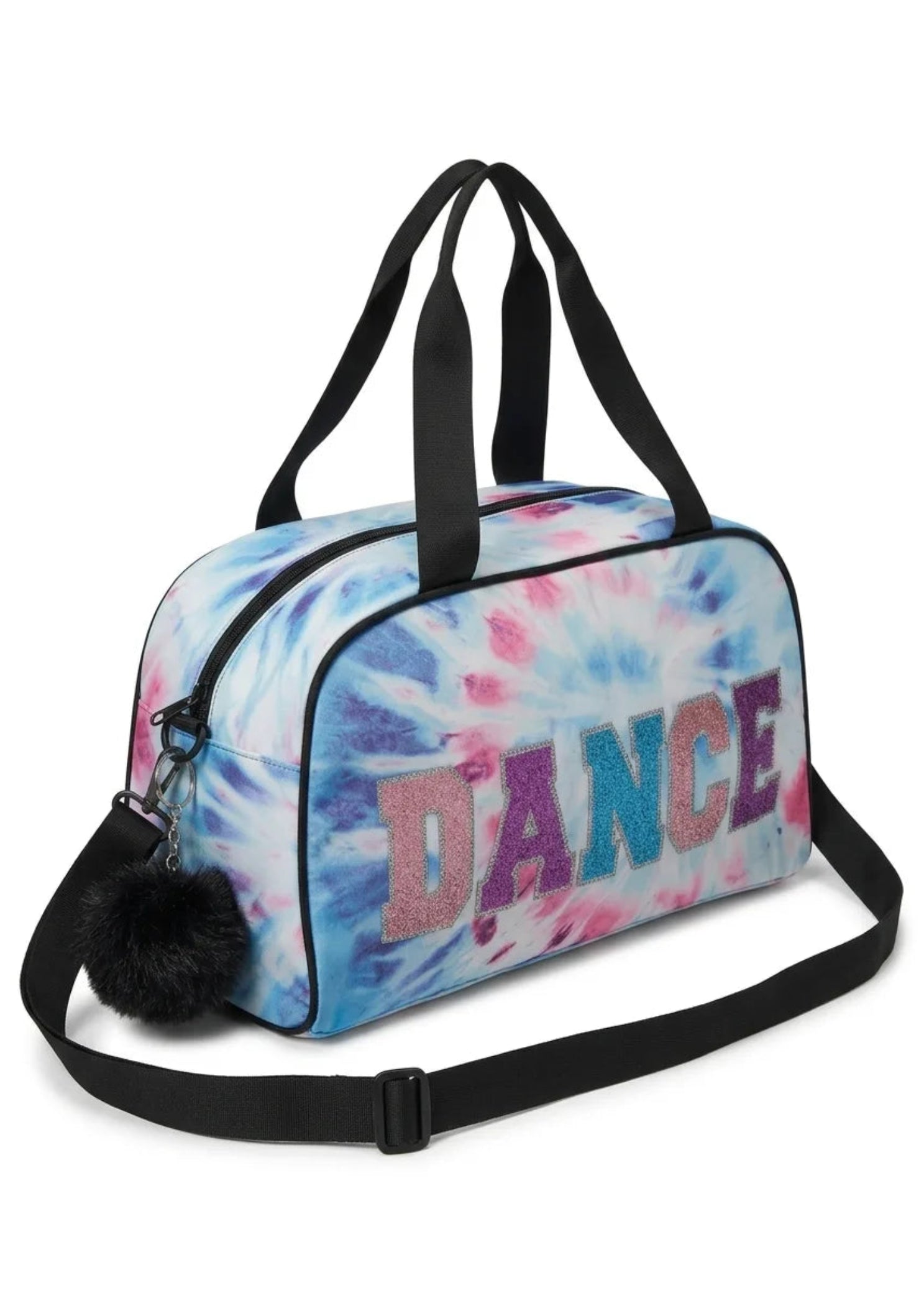 Danznmotion Swirl Tie-Dye Duffel in Tie-Dye, side view showing swirl print, glitter DANCE lettering, and pom-pom