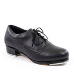 So Danca Tayla Tap Shoe in Black, angled front view showing single shoe with leather upper and block heel