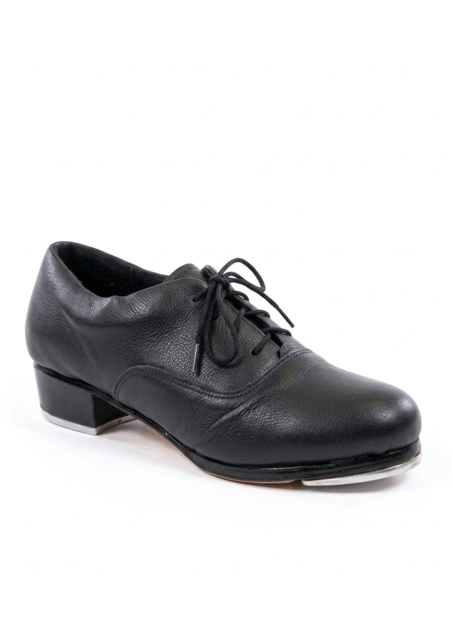 So Danca Tayla Tap Shoe in Black, angled front view showing single shoe with leather upper and block heel