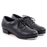 So Danca Tayla Tap Shoe in Black, angled front view showing pair with leather upper and block heel tap