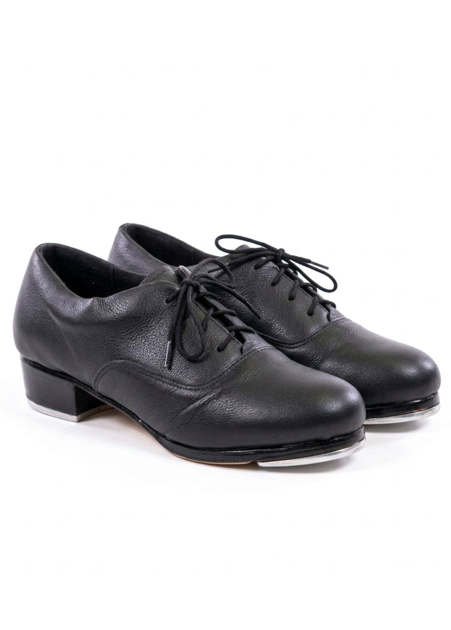 So Danca Tayla Tap Shoe in Black, angled front view showing pair with leather upper and block heel tap