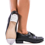 So Danca Tayla Tap Shoe in Black, left outsole and lateral side view showing professional taps and block heel