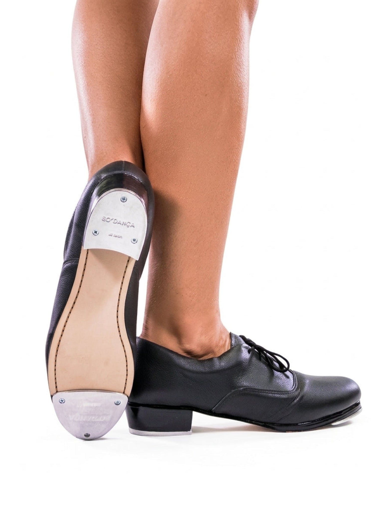 So Danca Tayla Tap Shoe in Black, left outsole and lateral side view showing professional taps and block heel