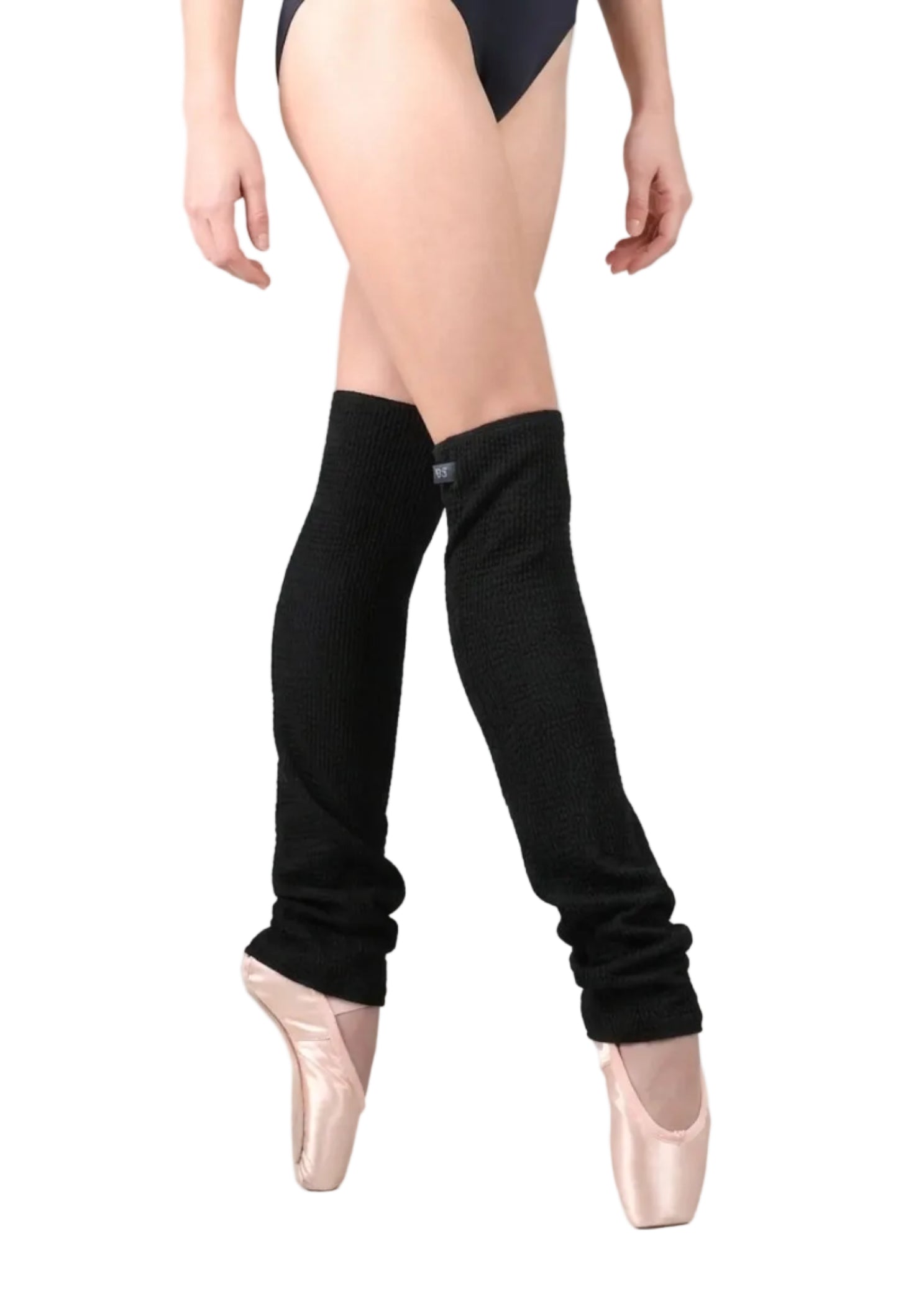 Suffolk nylon-spandex Textured Legwarmers in Black, lifestyle view showing 22-inch textured knit and open-toe design