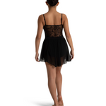 Capezio Theresa Skirt in Black, back view showing skirted leotard with floral burnout mesh back panel and flowy chiffon skirt