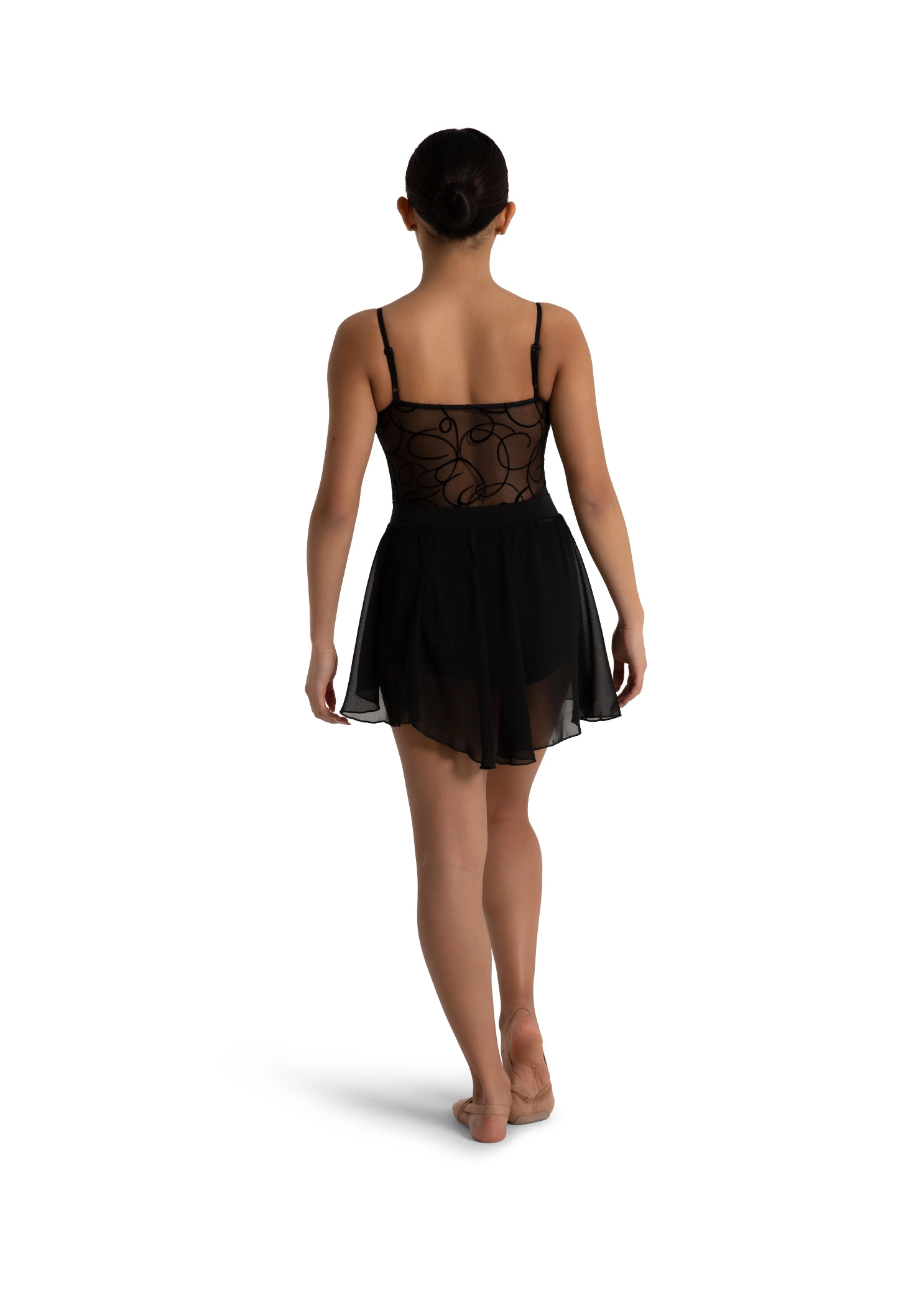 Capezio Theresa Skirt in Black, back view showing skirted leotard with floral burnout mesh back panel and flowy chiffon skirt