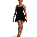Capezio Theresa Skirt in Black, front view showing spaghetti-strap skirted leotard with smooth bodice and flowy chiffon skirt