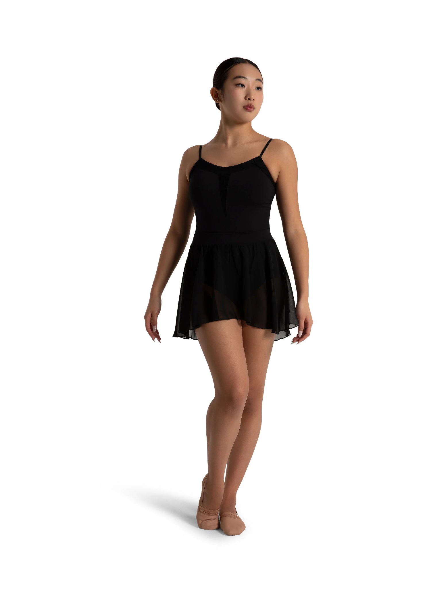 Capezio Theresa Skirt in Black, front view showing spaghetti-strap skirted leotard with smooth bodice and flowy chiffon skirt