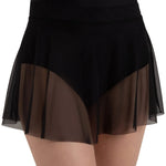 Capezio Tidal Skirt in Black, front view showing sheer nylon-spandex mesh and double-layer pull-on waistband