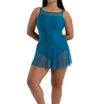 Capezio Tidal Skirt in Turkish Tile, lifestyle view showing sheer nylon-spandex mesh and flowing curved hem