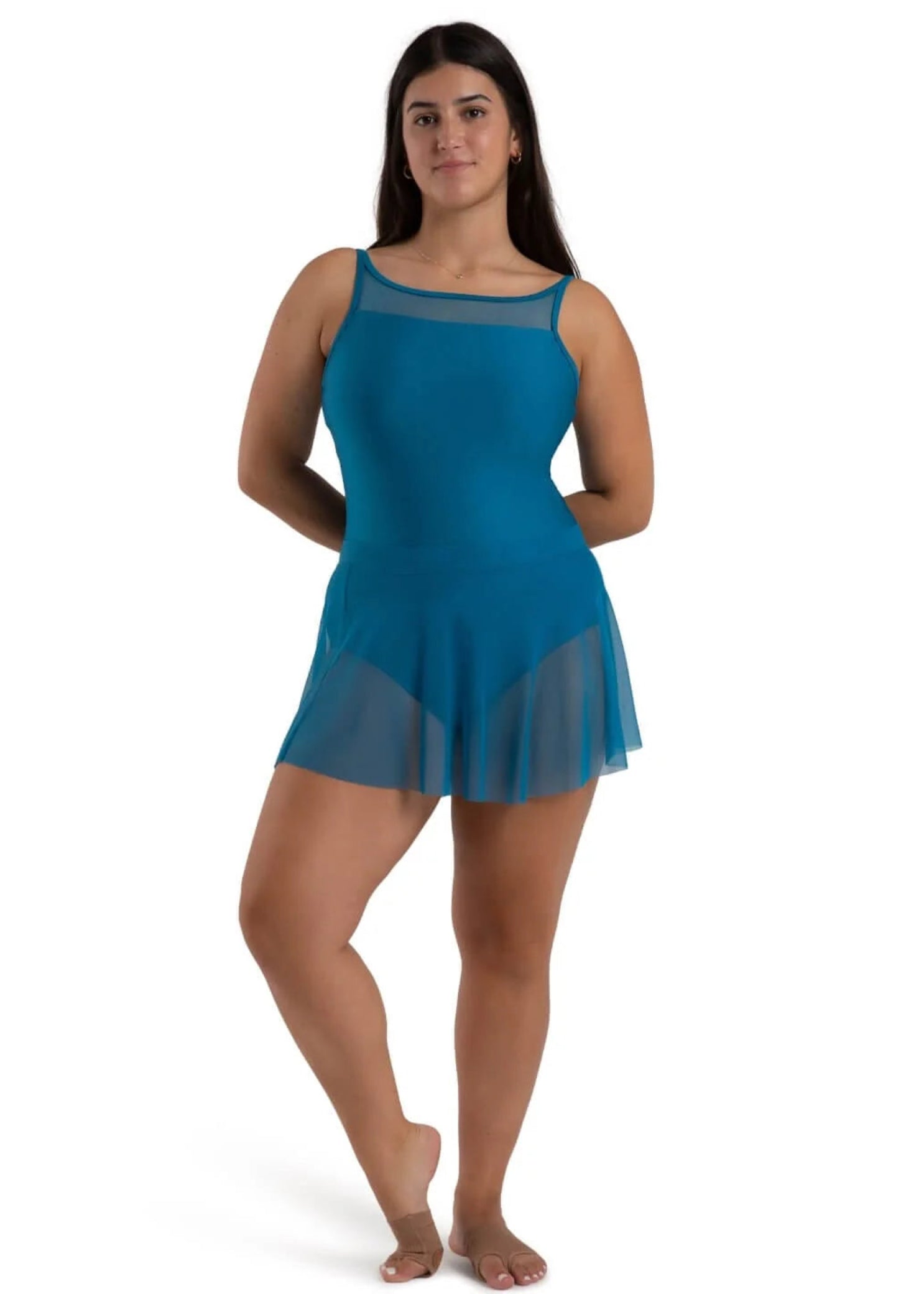 Capezio Tidal Skirt in Turkish Tile, lifestyle view showing sheer nylon-spandex mesh and flowing curved hem