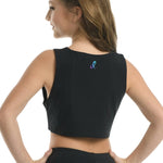 Danznmotion Tie Knot Tank Top in Black, back view showing cropped hem and small upper-back logo