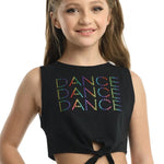 Danznmotion Tie Knot Tank Top in Black, front view showing multicolor DANCE lettering and knotted hem
