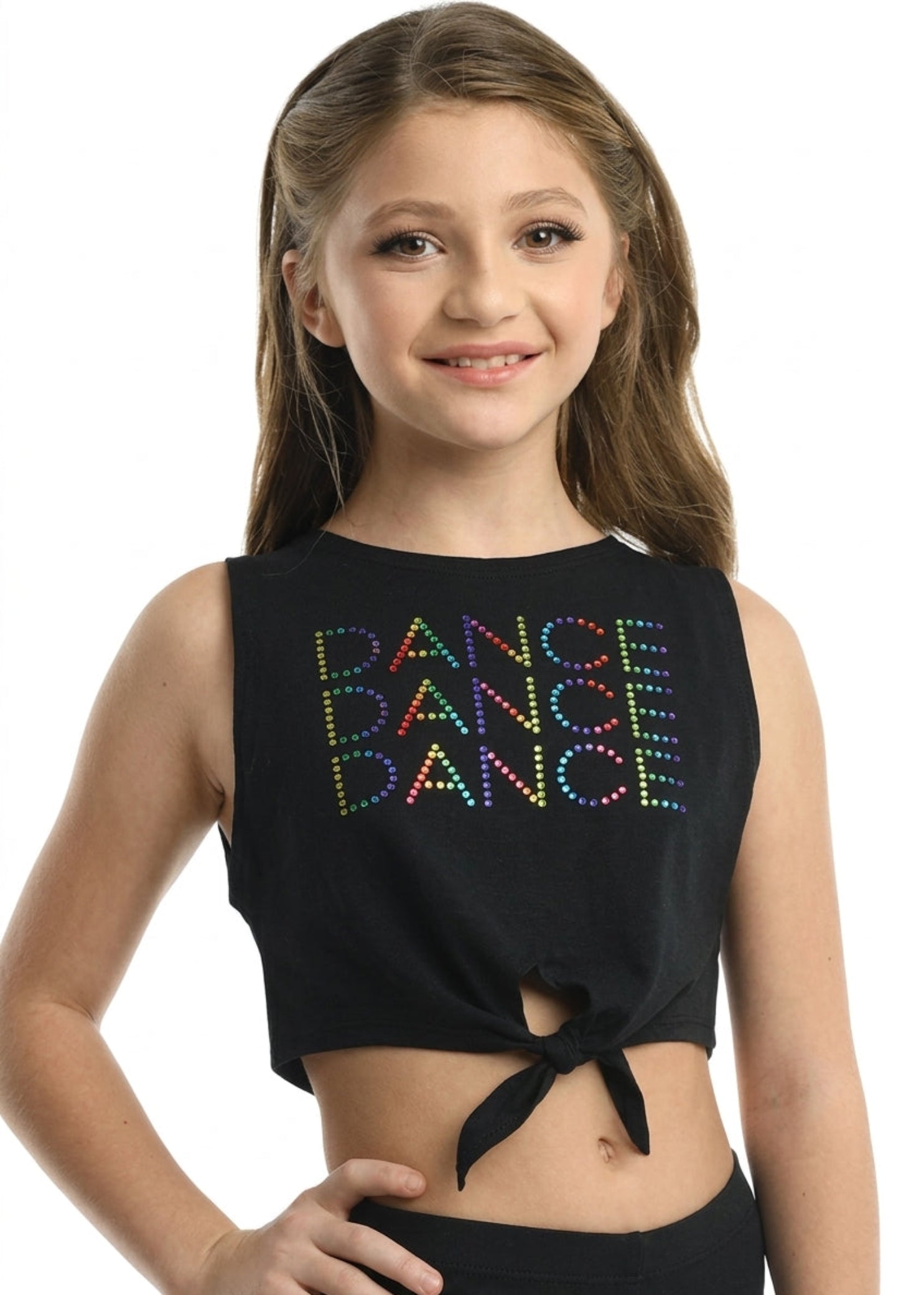 Danznmotion Tie Knot Tank Top in Black, front view showing multicolor DANCE lettering and knotted hem