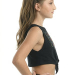 Danznmotion Tie Knot Tank Top in Black, side view showing deep armhole and front tie