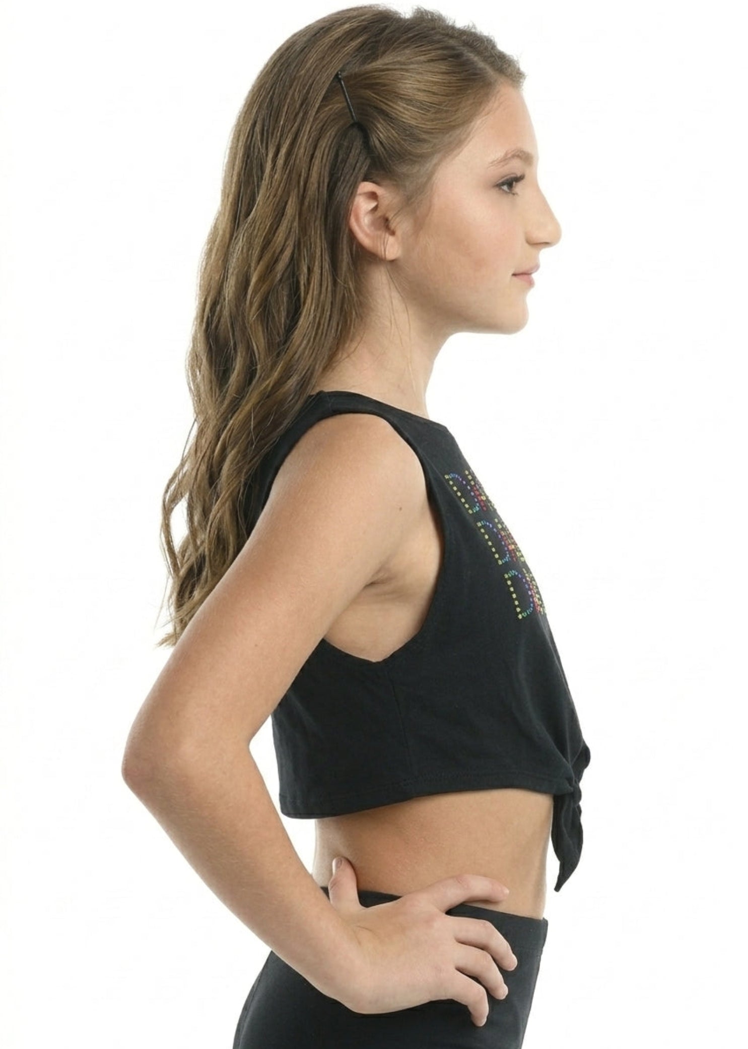Danznmotion Tie Knot Tank Top in Black, side view showing deep armhole and front tie