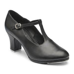 So Danca Tina 2" High Heel Tap Shoe in Black, angled front view showing T-strap buckle and 2" heel tap