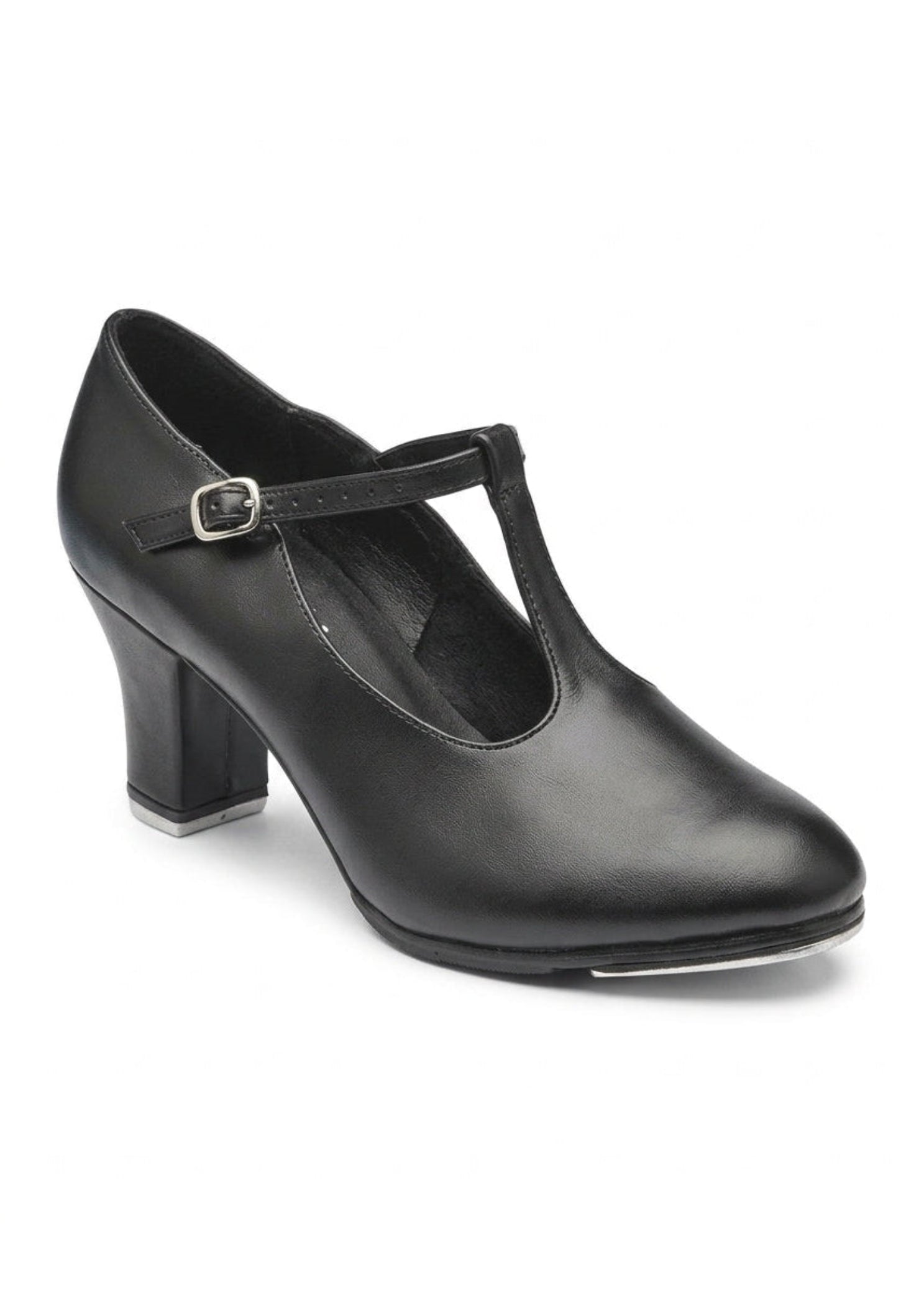 So Danca Tina 2" High Heel Tap Shoe in Black, angled front view showing T-strap buckle and 2" heel tap