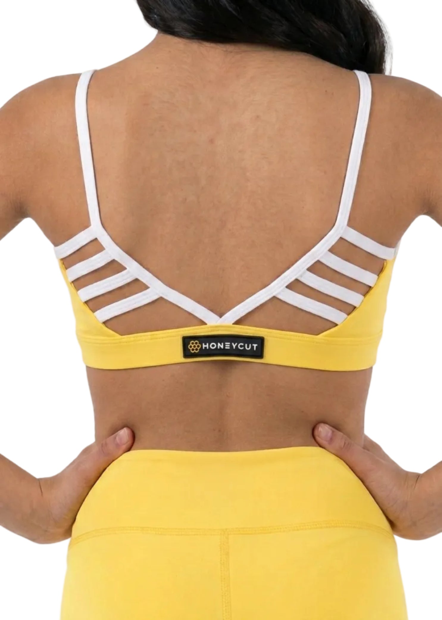 Honeycut Treat Top in Sunshine, back detail view showing white ladder straps, V-shaped trim and logo patch