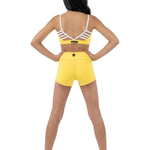 Honeycut Treat Top in Sunshine, back view showing nylon-spandex fabric, white ladder straps and wide underband