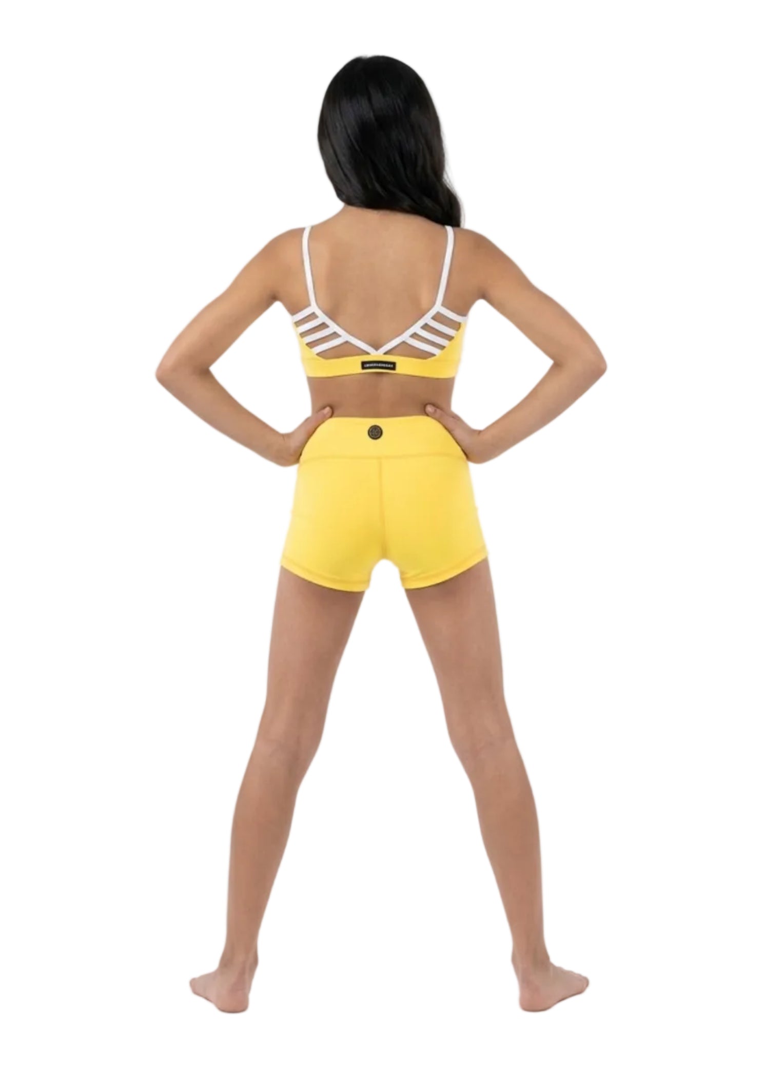 Honeycut Treat Top in Sunshine, back view showing nylon-spandex fabric, white ladder straps and wide underband