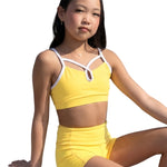 Honeycut Treat Top in Sunshine, front view showing nylon-spandex fabric, white straps and center keyhole