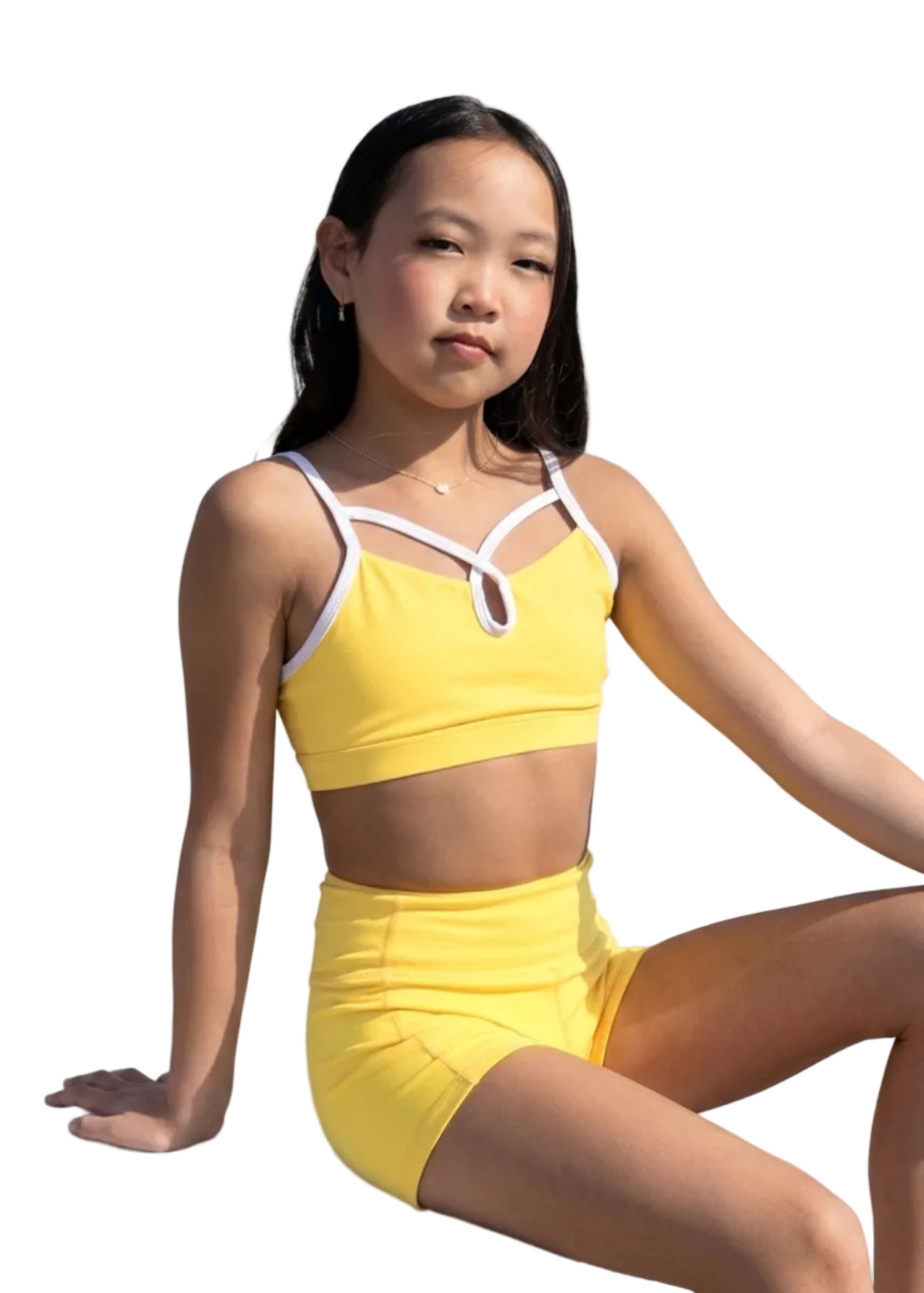 Honeycut Treat Top in Sunshine, front view showing nylon-spandex fabric, white straps and center keyhole