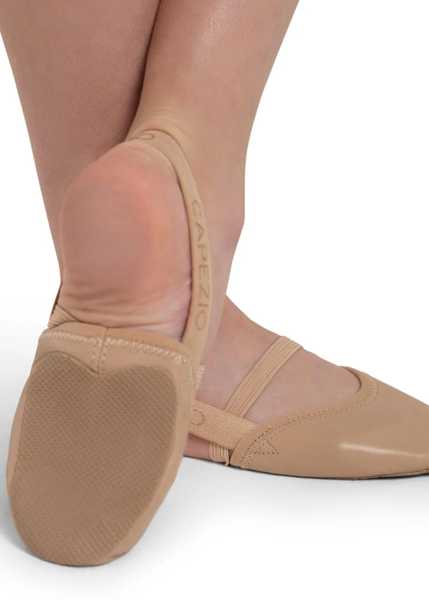 Capezio Turning Pointe 55 Half Sole in Nude, outsole view showing wide suede forefoot patch construction