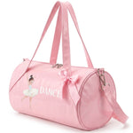 Dasha Designs Twinkle Toes Duffel in Pink, angled side view showing ballerina graphic, satin bow, and adjustable strap