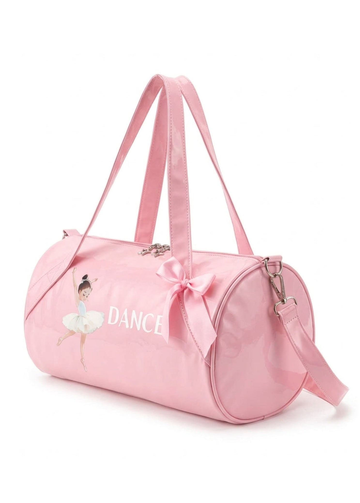 Dasha Designs Twinkle Toes Duffel in Pink, angled side view showing ballerina graphic, satin bow, and adjustable strap