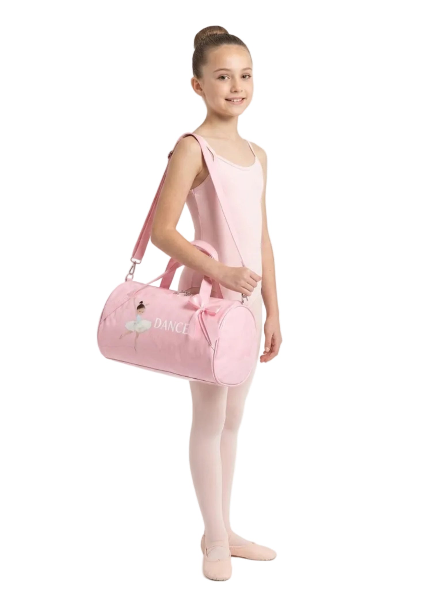 Dasha Designs Twinkle Toes Duffel in Pink, lifestyle view showing ballerina graphic and DANCE lettering