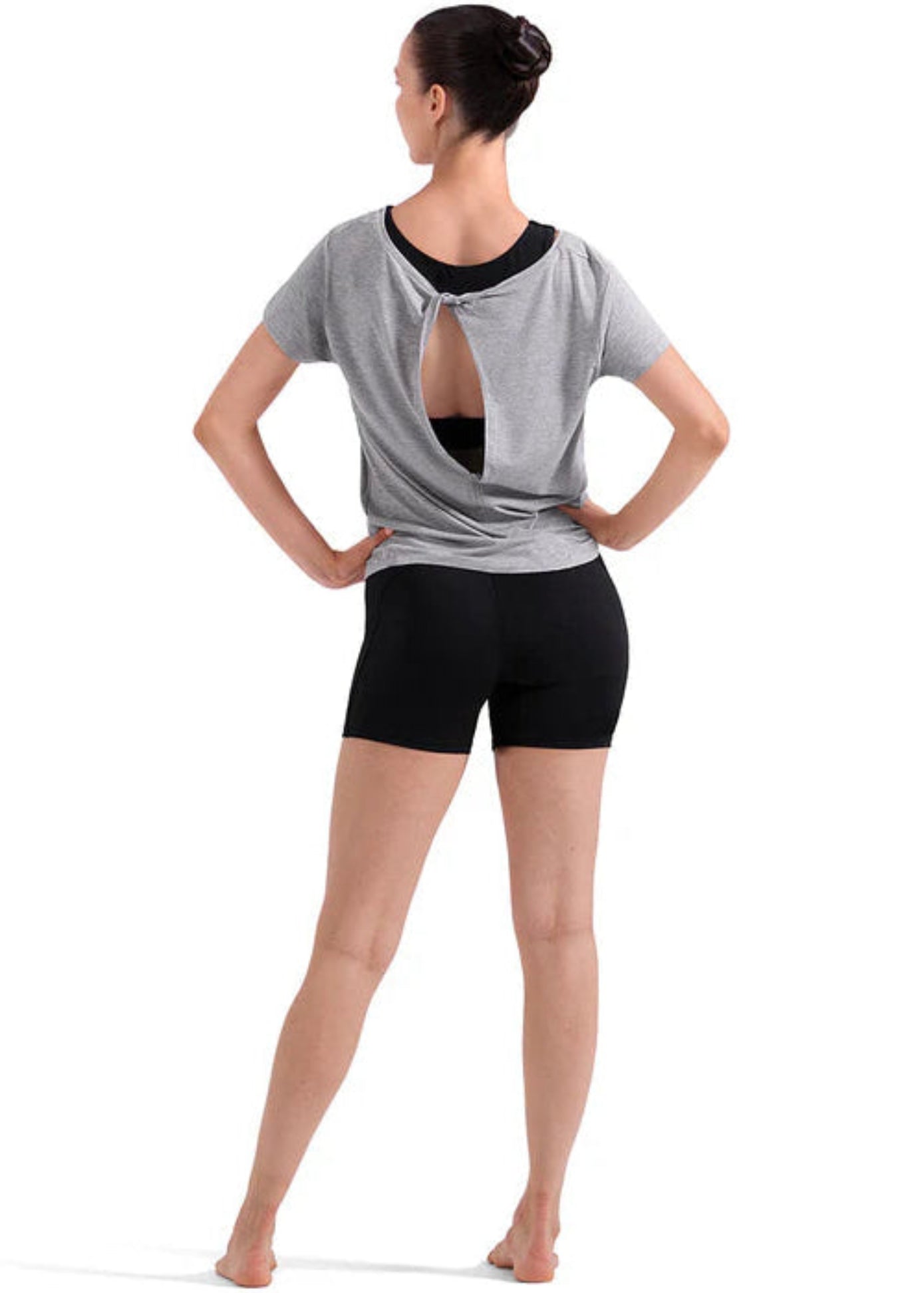Bloch Twist Back Top in Grey Marle, back view showing open keyhole cutout with center twist-knot detail and cap sleeves