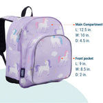 Wildkin Unicorn Backpack in Purple, dimensions view showing main compartment 12.5 x 10 x 4.5 inches