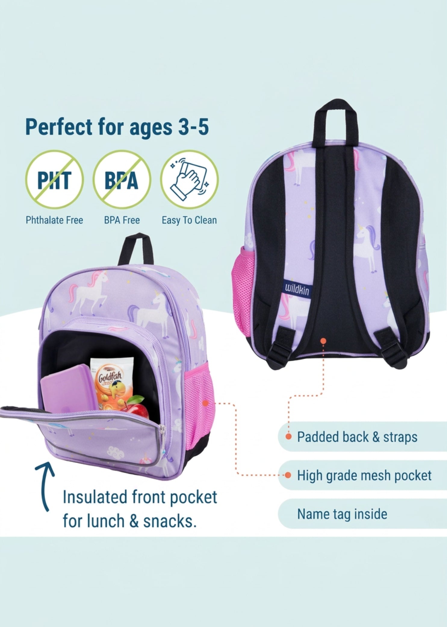 Wildkin Unicorn Backpack in Purple, features breakdown showing insulated front pocket and padded straps