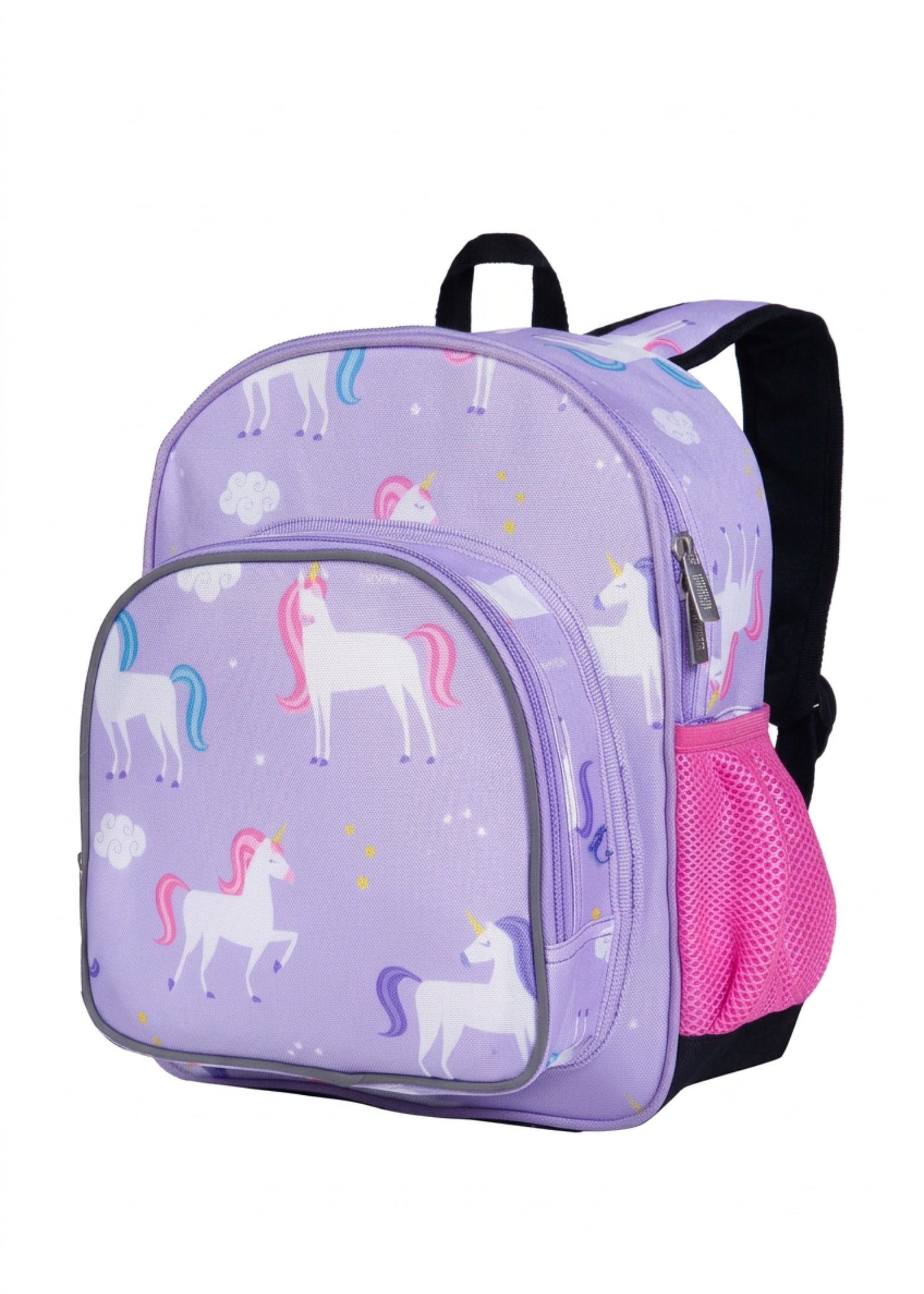 Wildkin Unicorn Backpack in Purple, front view showing unicorn print, front zip pocket and mesh bottle pocket