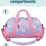 Wildkin Polyester Unicorn Overnighter Duffel in Purple, detail view showing two zippered compartments