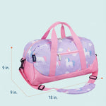 Wildkin Unicorn Overnighter Duffel in Purple, dimensions view showing 18-inch length, 9-inch width and 9-inch height