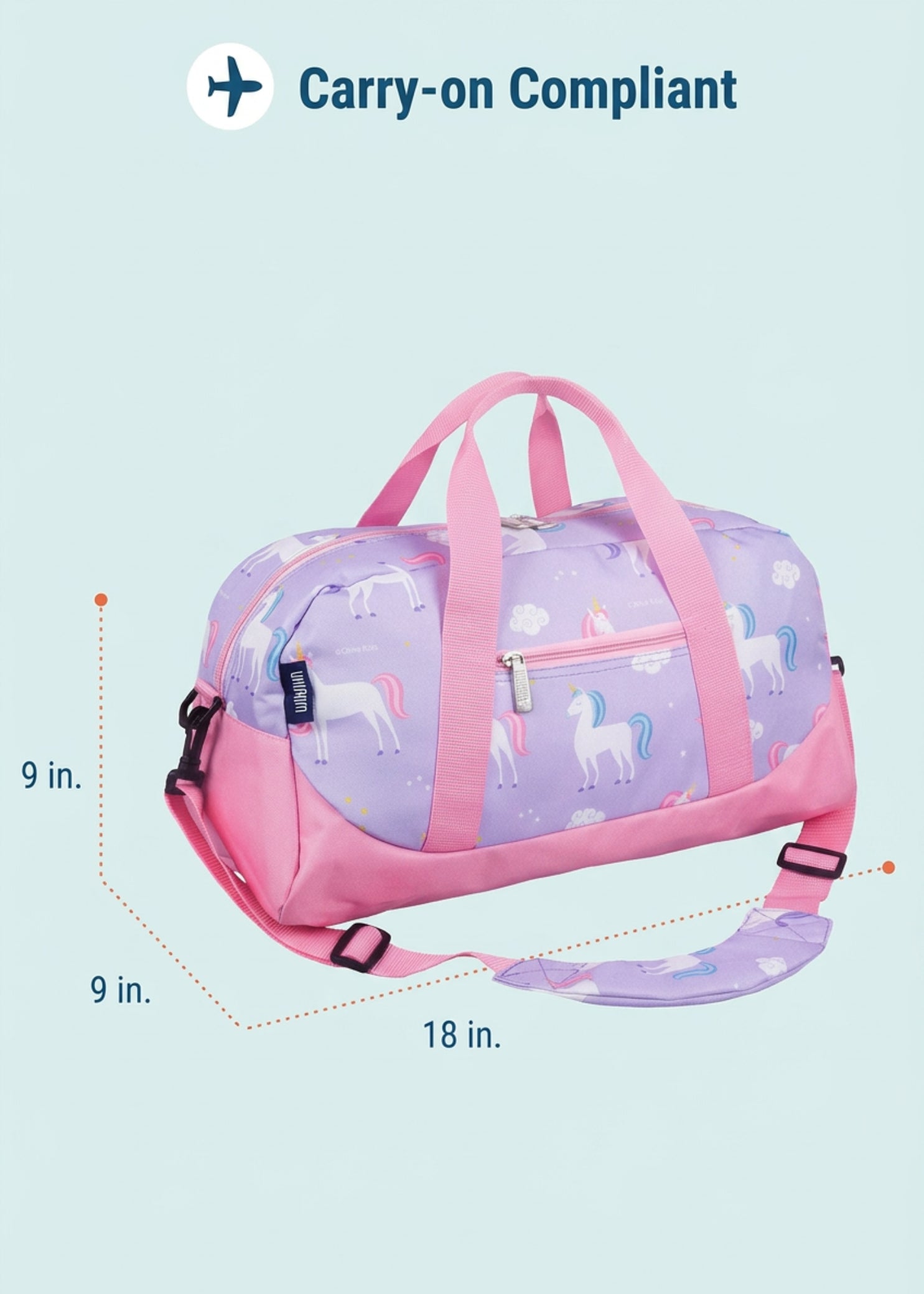 Wildkin Unicorn Overnighter Duffel in Purple, dimensions view showing 18-inch length, 9-inch width and 9-inch height