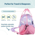 Wildkin Unicorn Overnighter Duffel in Purple, features breakdown showing handles and detachable padded shoulder strap
