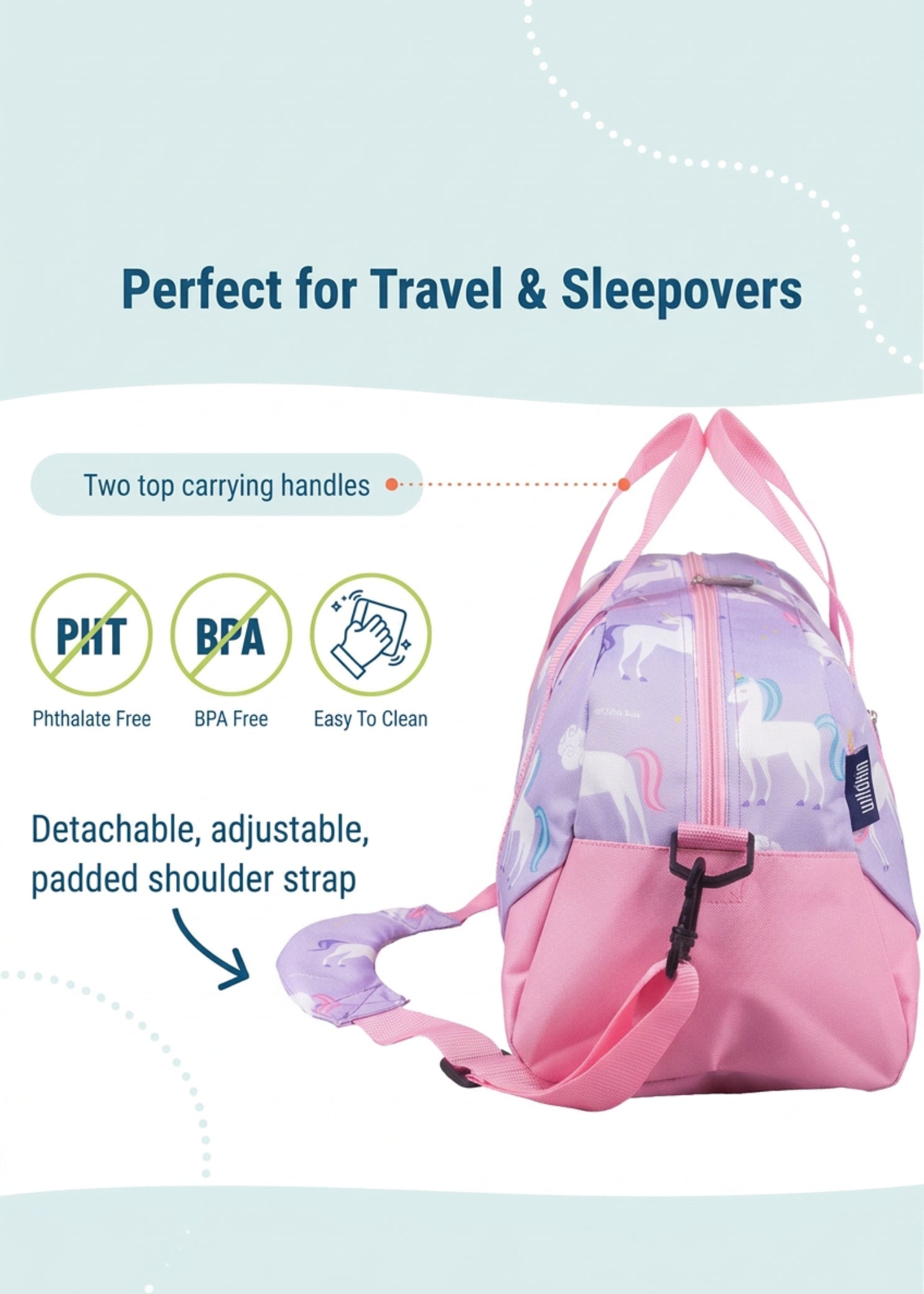Wildkin Unicorn Overnighter Duffel in Purple, features breakdown showing handles and detachable padded shoulder strap