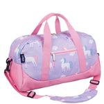 Wildkin Polyester Unicorn Overnighter Duffel in Purple, front and side view showing unicorn print and zip pocket
