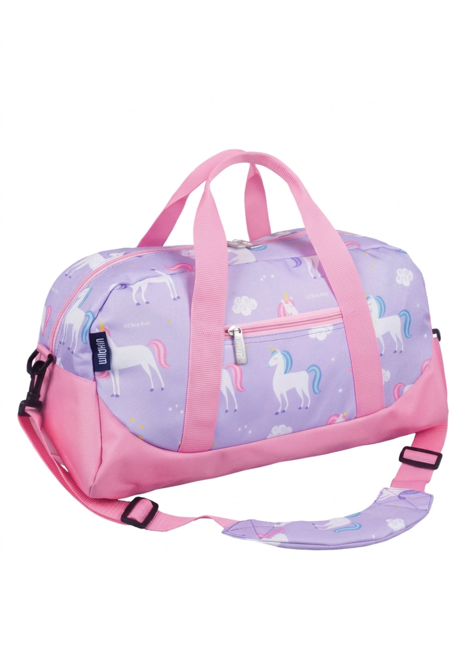 Wildkin Polyester Unicorn Overnighter Duffel in Purple, front and side view showing unicorn print and zip pocket