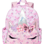OMG Accessories Unicorn Quilted Large Backpack in Pink, front view showing glitter horn and embroidered face