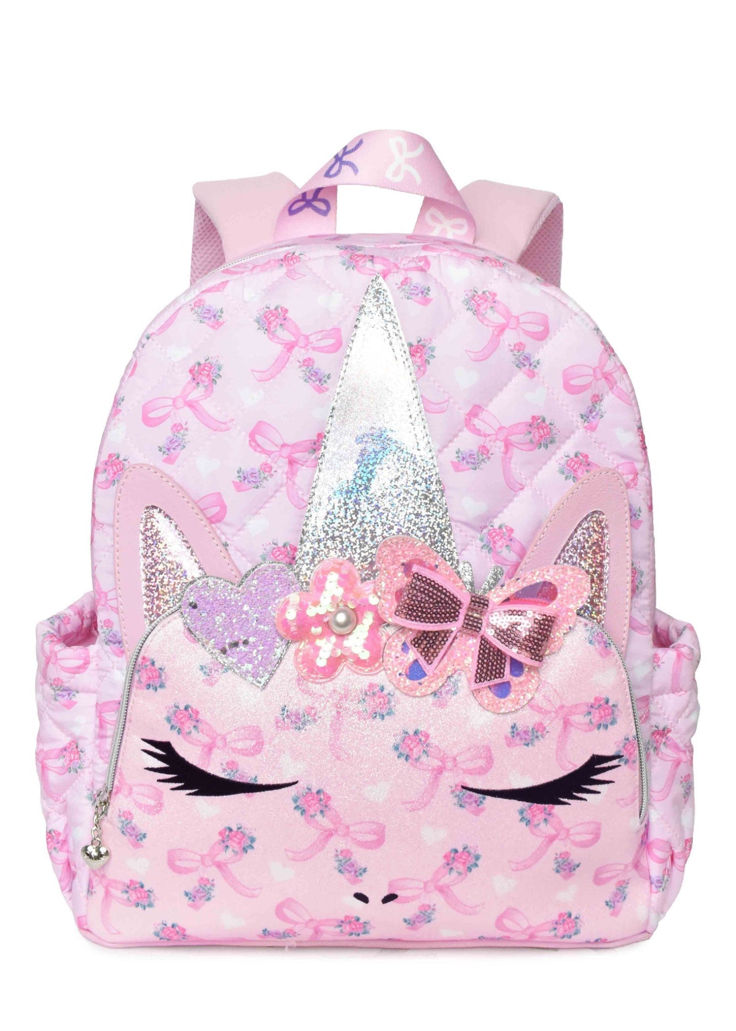 OMG Accessories Unicorn Quilted Large Backpack in Pink, front view showing glitter horn and embroidered face