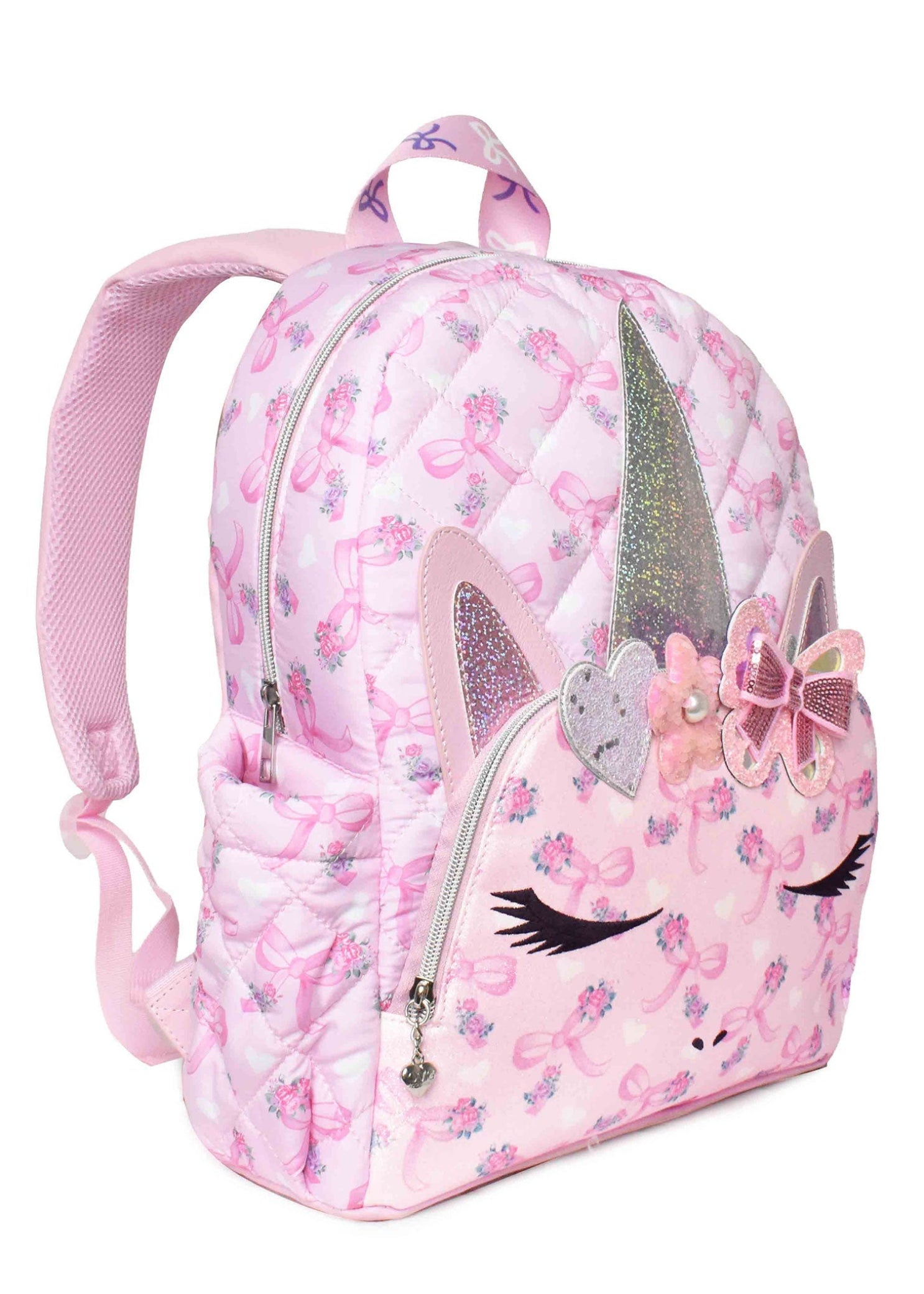 OMG Accessories Unicorn Quilted Large Backpack in Pink, right side view showing side pocket and shoulder strap