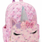 OMG Accessories Unicorn Quilted Large Backpack in Pink, right side view showing floral bow print and front pocket