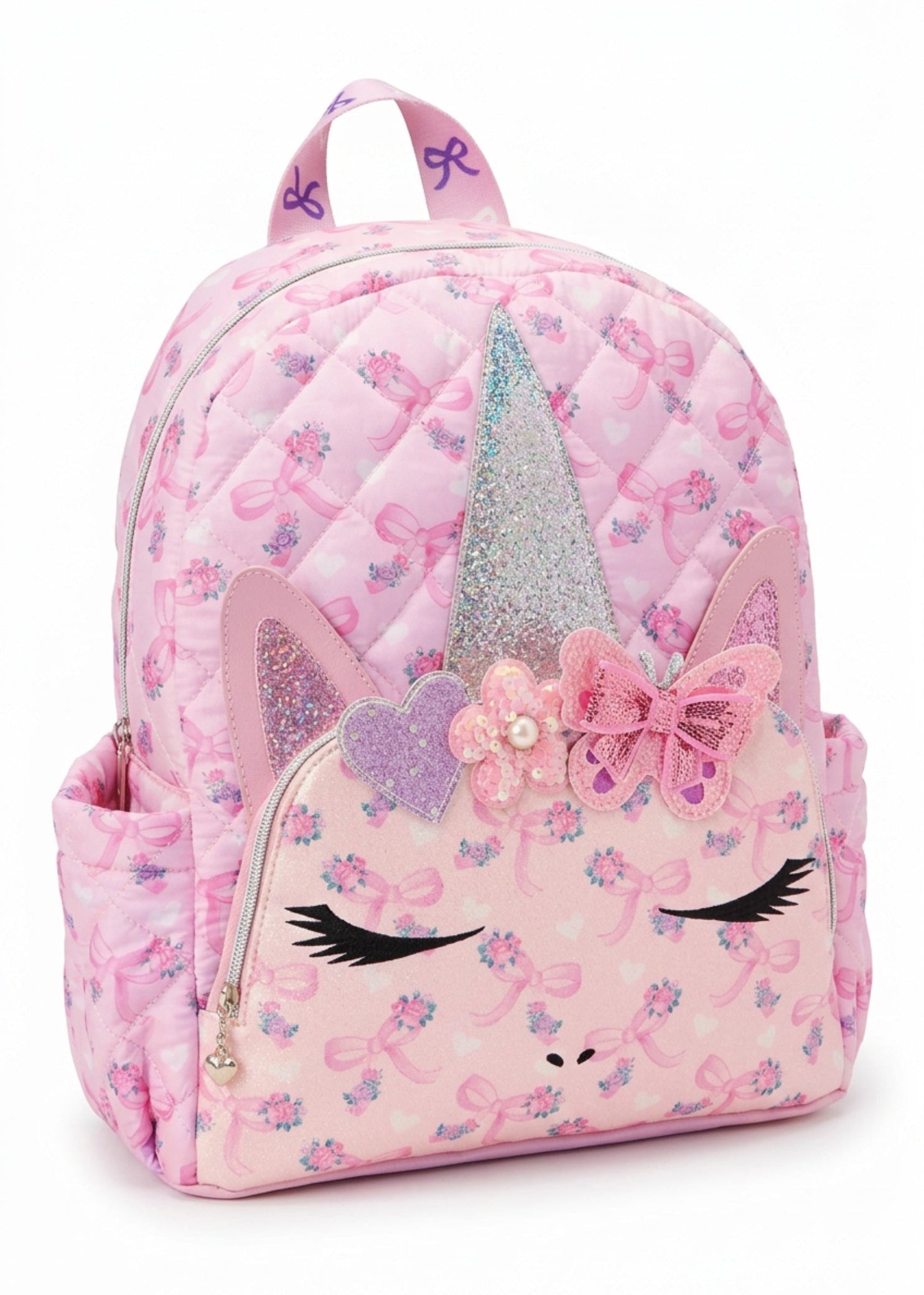 OMG Accessories Unicorn Quilted Large Backpack in Pink, right side view showing floral bow print and front pocket