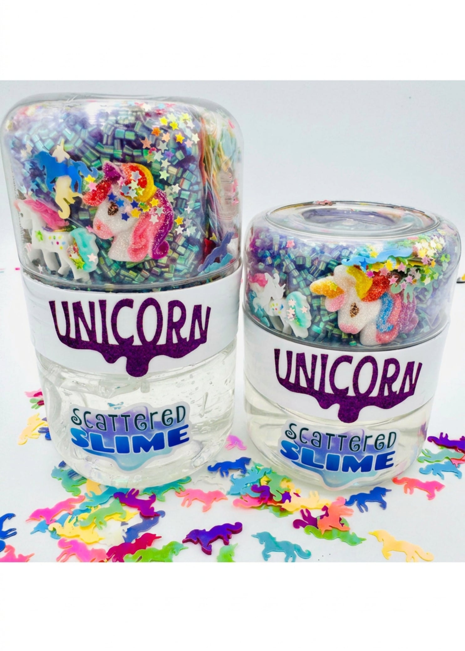 Scattered Slime Unicorn Slime Kit, comparison view showing two jar sizes with clear slime and unicorn charms